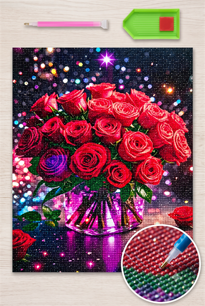 Elmas Mozaik Tablo, 50x65cm Kırmızı Renkli Güller Boncuk Yapıştırma Kiti 