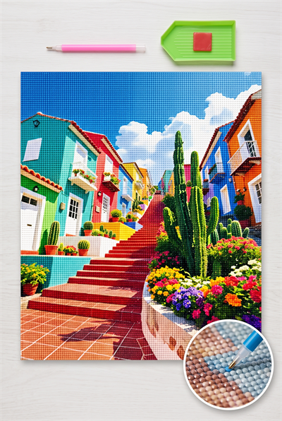 Elmas Mozaik Tablo, 50x65cm Merdiven ve Renkli Evler Boncuk Yapıştırma Kiti 