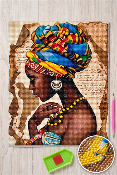 Elmas Mozaik Tablo, Elmas Boyama Puzzle 40 x 50 cm Afrikalı Kadın Boncuk İşleme