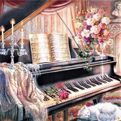 Elmas Mozaik Tablo, Elmas Boyama Puzzle 40 x 50 cm Piyano Boncuk İşleme
