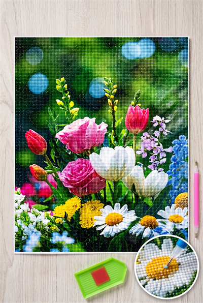 Elmas Mozaik Tablo, Elmas Boyama Puzzle 50 x 65 Çiçek Buketi Boncuk İşleme