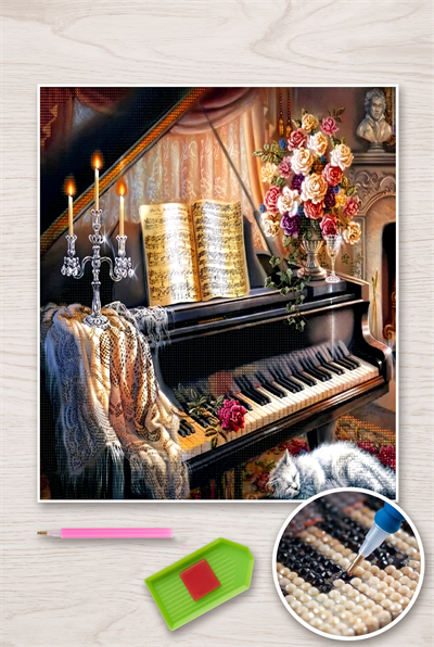 Elmas Mozaik Tablo, Elmas Boyama Puzzle 40 x 50 cm Piyano Boncuk İşleme