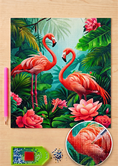 Elmas Mozaik Tablo, Elmas Boyama Puzzle 50 x 65 Amazonda Flamingolar Boncuk İşleme