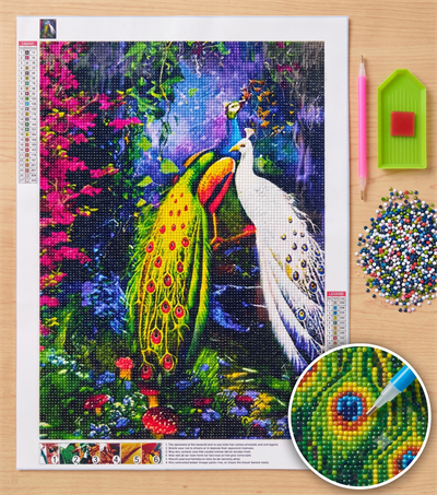 Elmas Mozaik Tablo, Elmas Boyama Puzzle 40 x 50 cm Tavus Kuşları Boncuk İşleme