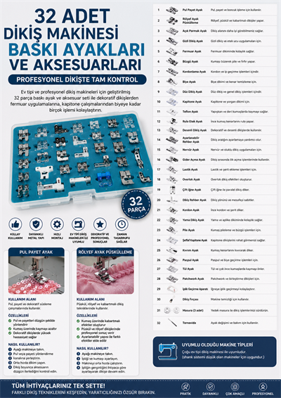 Ev Tipi Dikiş Makinesi Ayak Seti, Geliştirilmiş Yeni 32li Set