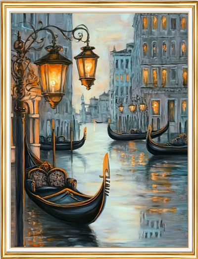 Elmas Boyama Puzzle Kit, Fenerler ve Venedik Gondolları 50x65 cm Mozaik
