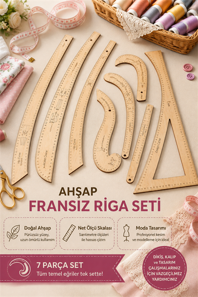 Fransız Dikiş Cetvel Seti 7 Adet, Ahşap Riga Seti, Ölçü Baskılı Dikiş Cetveli