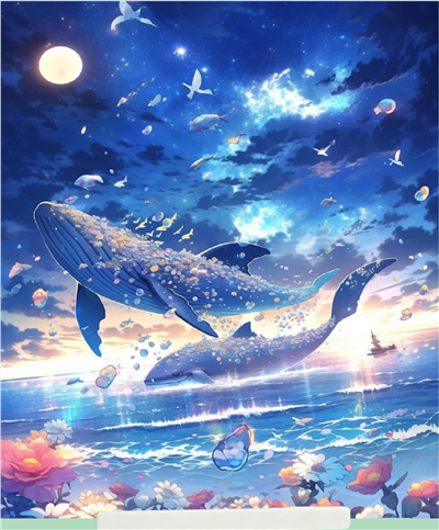 Elmas Boyama Puzzle Kit, Gece Okyanusunda Uçan Balinalar 21x25 cm Mozaik