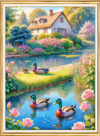 Elmas Boyama Puzzle Kit, Göl Kenarında Yaban Ördekleri 30x40 cm Mozaik