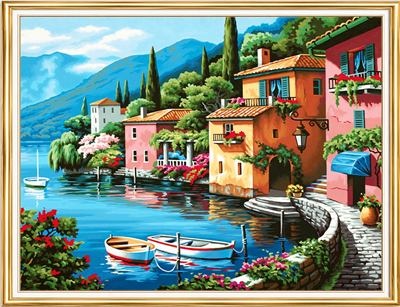 Elmas Boyama Puzzle Kit, Göl Kıyısında İtalyan Kasabası 50x65 cm Mozaik
