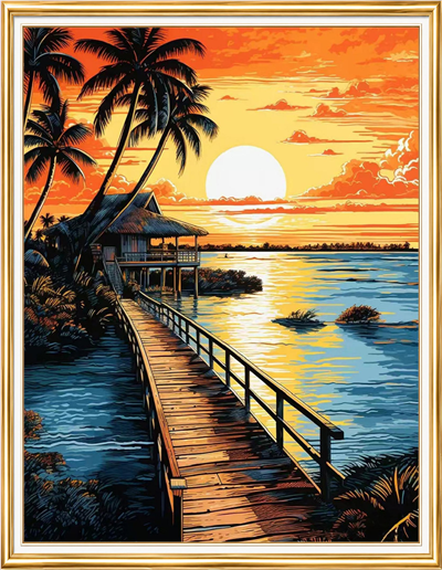 Elmas Boyama Puzzle Kit, Gün Batımında Ahşap İskele 40x50 cm Mozaik