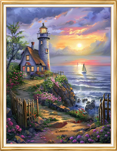 Elmas Boyama Puzzle Kit, Gün Batımında Deniz Feneri ve Kulübe 40x50 cm Mozaik