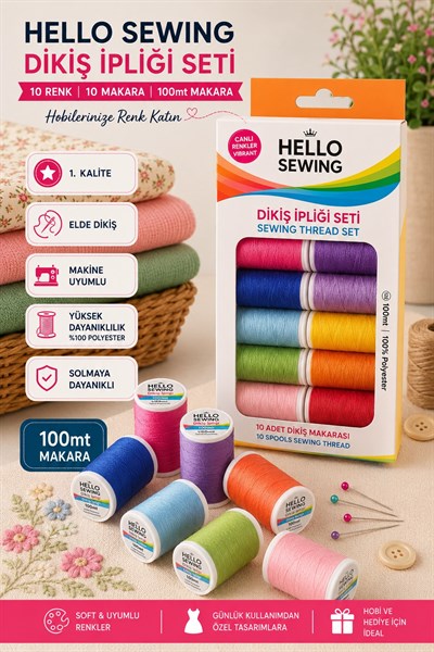 Hello Dikiş İpliği Seti - Birinci kalite Canlı Renkler 10lu İplik Seti