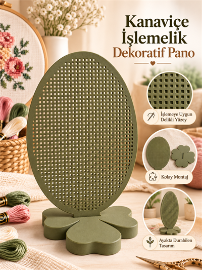 İşlenebilir Kanaviçe Oval Pano Stantlı, Doğal Haki Renk, Yonca Ayaklı Masaüstü Süs