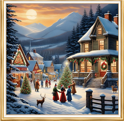 Elmas Boyama Puzzle Kit, Karlı Köyde Yılbaşı 30x30 cm Mozaik