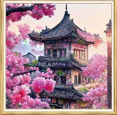 Elmas Boyama Puzzle Kit, Kiraz Çiçekleri Arasında Kadim Mimari 30x30 cm Mozaik