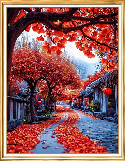 Elmas Boyama Puzzle Kit, Kırmızı Yapraklı Sonbahar Sokağı 40x50 cm Mozaik