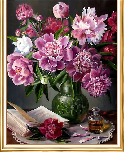 Elmas Boyama Puzzle Kit, Kitap ve Parfümle Mor Şakayıklar 40x50 cm Mozaik