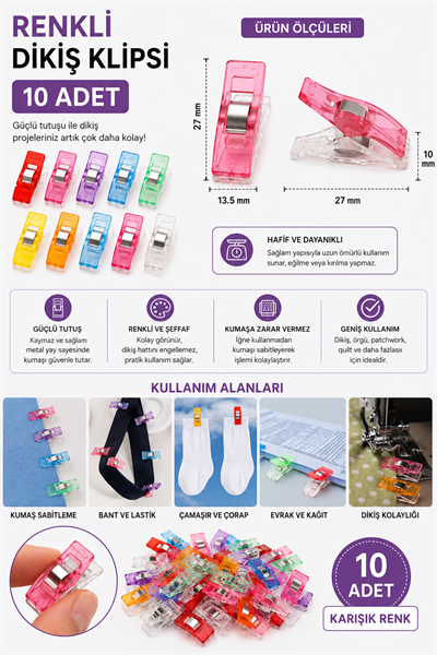 Kumaş Klipsi Küçük Boy 10lu, Kumaş Sabitleme Mandalı, Patchwork Klipsi