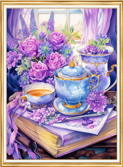 Elmas Boyama Puzzle Kit, Lavanta ve Mor Güllerle Çay Keyfi 30x40 cm Mozaik