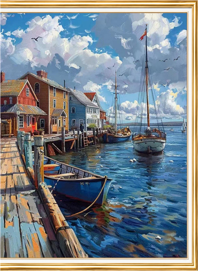 Elmas Boyama Puzzle Kit, Limanda Yelkenli ve Ahşap İskele 40x50 cm Mozaik
