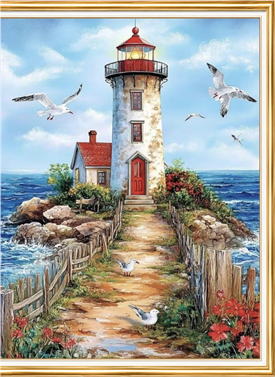 Elmas Boyama Puzzle Kit, Martılar ve Beyaz Deniz Feneri 40x50 cm Mozaik