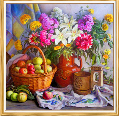 Elmas Boyama Puzzle Kit, Meyve Sepeti ve Çiçekler Natürmort 30x30 cm Mozaik
