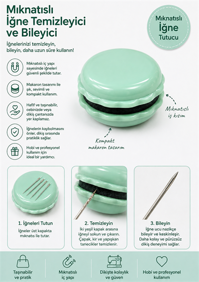 Mıknatıslı İğne Tutucu Makaron Tasarımlı, Temizleyici ve Bileyici, İğnedenlik