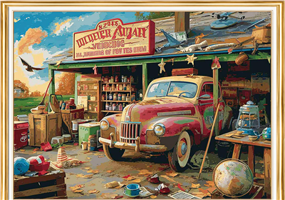 Elmas Boyama Puzzle Kit, Nostaljik Garaj ve Klasik Kamyonet 30x40 cm Mozaik