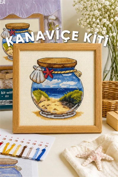 Orchidea Deniz Manzaralı Kavanoz Kanaviçe Kiti - Başlangıç Seviyesi Etamin Kumaş, İplik ve İğne Dahil
