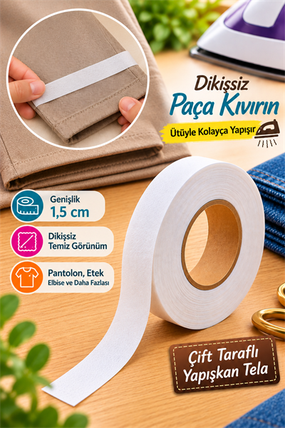 Paça Telası 1,5cm, Çift Taraflı Yapışkan Şerit Tela 100m Top