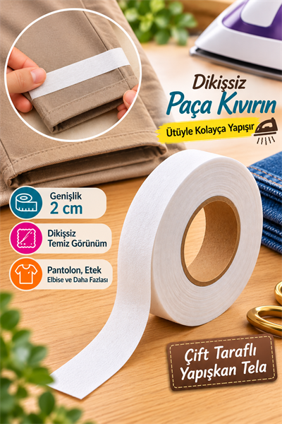 Paça Telası 2cm, Çift Taraflı Yapışkan Şerit Tela 100m Top