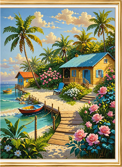 Elmas Boyama Puzzle Kit, Palmiyeli Sahil Evi 40x50 cm Mozaik