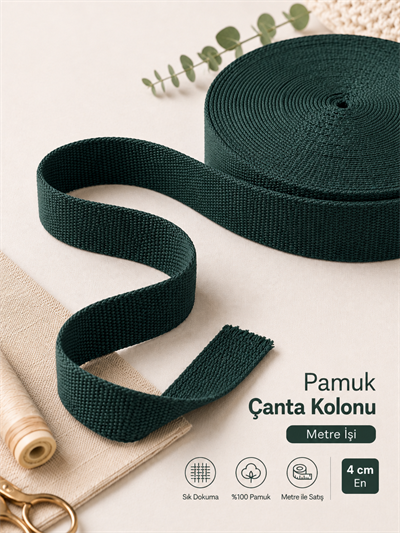 Pamuk Çanta Kolonu 4cm Çam Yeşili – Dayanıklı Çanta Sapı, Çanta Askı Kolonu 1 Metre
