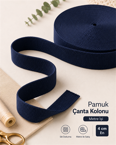 Pamuk Çanta Kolonu 4cm Lacivert – Dayanıklı Çanta Sapı, Çanta Askı Kolonu 1 Metre