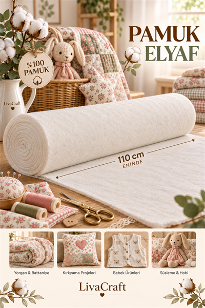 Pamuk Elyaf 110cm Eninde 180gr, Tahta Pamuk Vatka 1 Metre, Doğal Pamuk