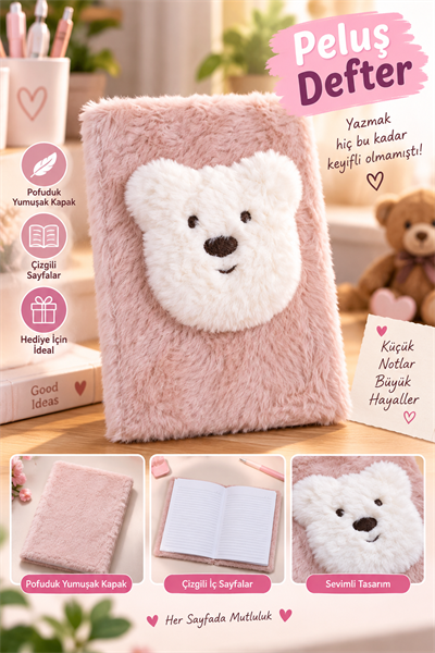 Peluş Defter Çizgili, Ayıcıklı Sevimli Defter