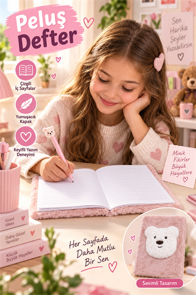 Peluş Defter Çizgili, Ayıcıklı Sevimli Defter