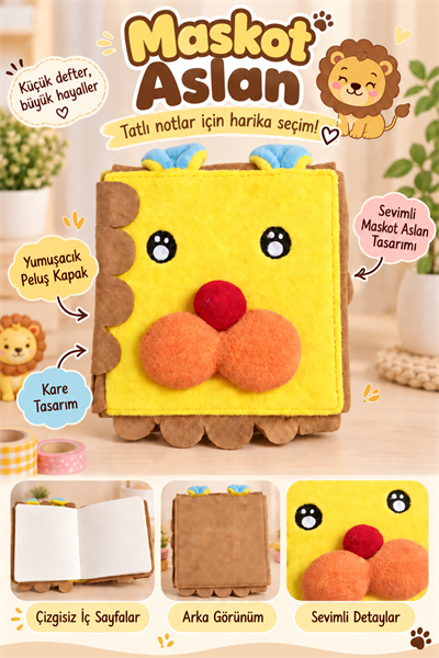 Peluş Defter Çizgisiz, Maskot Aslancık, Kare defter