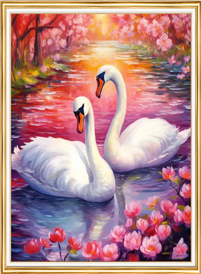Elmas Boyama Puzzle Kit, Pembe Göldeki Kuğular 30x40 cm Mozaik