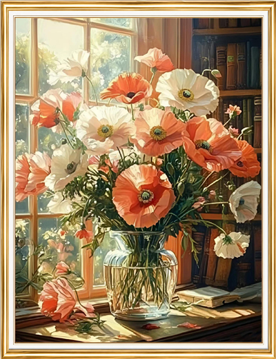Elmas Boyama Puzzle Kit, Pencere Kenarında Cam Vazoda Gelincikler 50x65 cm Mozaik