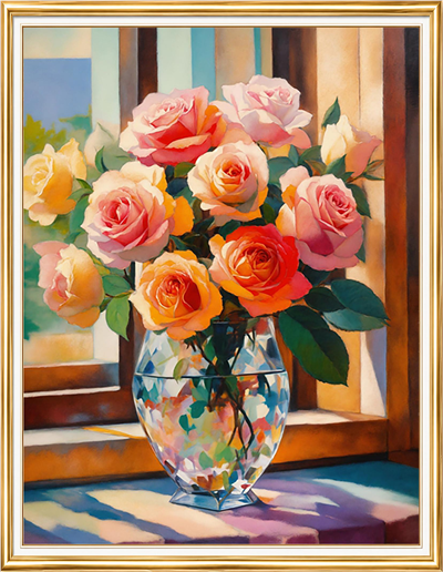 Elmas Boyama Puzzle Kit, Pencere Önünde Desenli Vazoda Güller 40x50 cm Mozaik