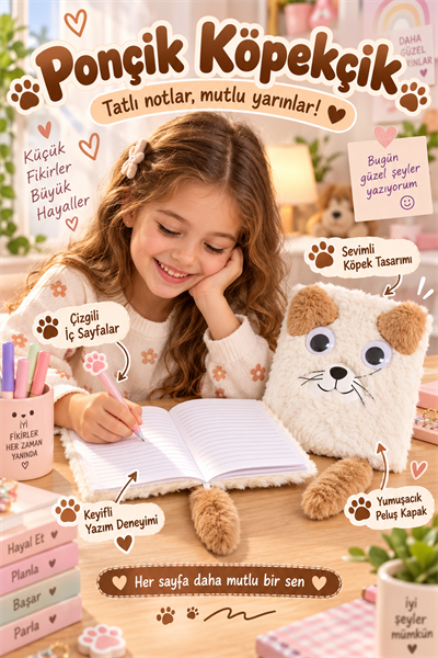 Ponçik Köpekçik Çizgili Peluş Defter, Kuyruklu Ayraçlı, Hareketen Eden Gözler