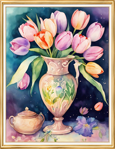 Elmas Boyama Puzzle Kit, Porselen Vazoda Pastel Laleler 40x50 cm Mozaik