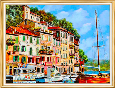 Elmas Boyama Puzzle Kit, Renkli Evler ve Liman 50x65 cm Mozaik