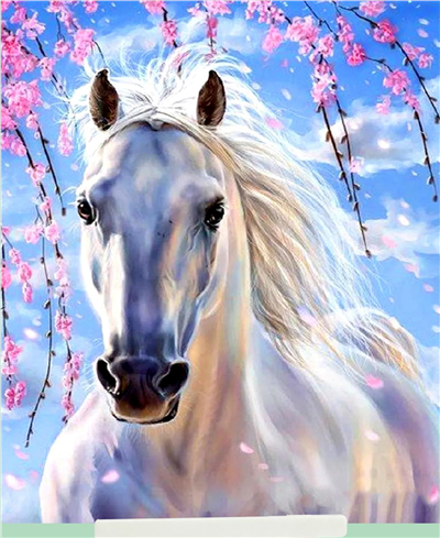 Elmas Boyama Puzzle Kit, Sakura Dalları Altında Beyaz At 21x25 cm Mozaik