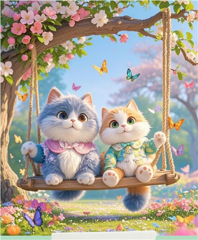 Elmas Boyama Puzzle Kit, Salıncakta İki Sevimli Kedi 21x25 cm Mozaik
