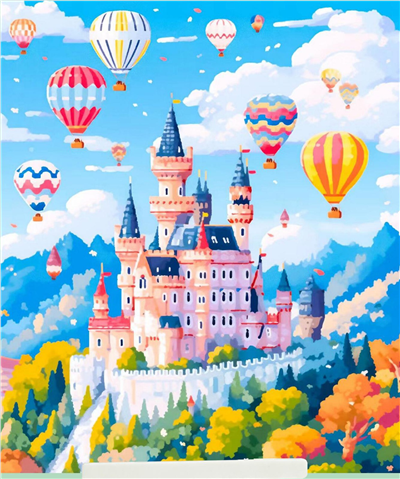 Elmas Boyama Puzzle Kit, Sıcak Hava Balonları ve Pembe Şato 21x25 cm Mozaik