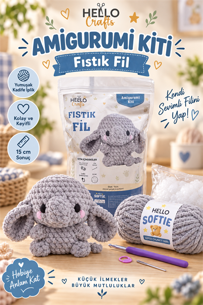 Softie Amigurumi Kiti, Fıstık Fil, 15 cm