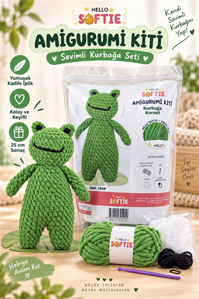 Softie Amigurumi Kiti, Kurbağa Kermit, 25 cm